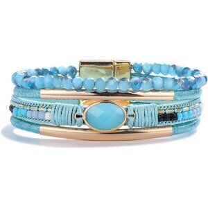 Leather Wrap Bracelet Crystal Beads Boho Cuff Stone Charm Women